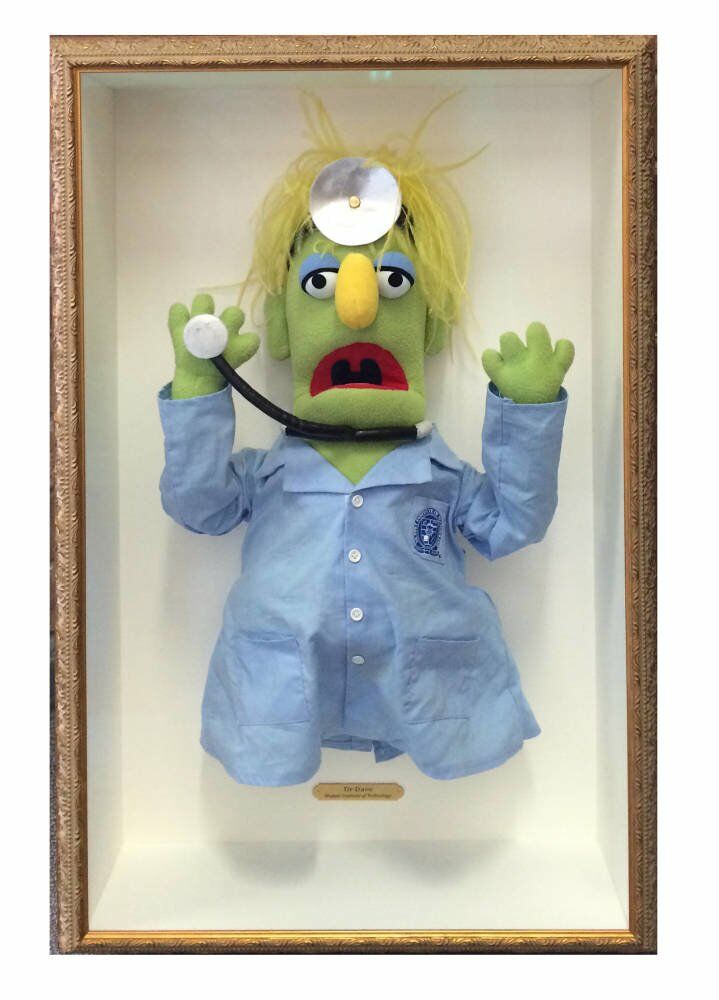 3D object custom box framing - puppet framed Dr Dave Muppet larson juhl