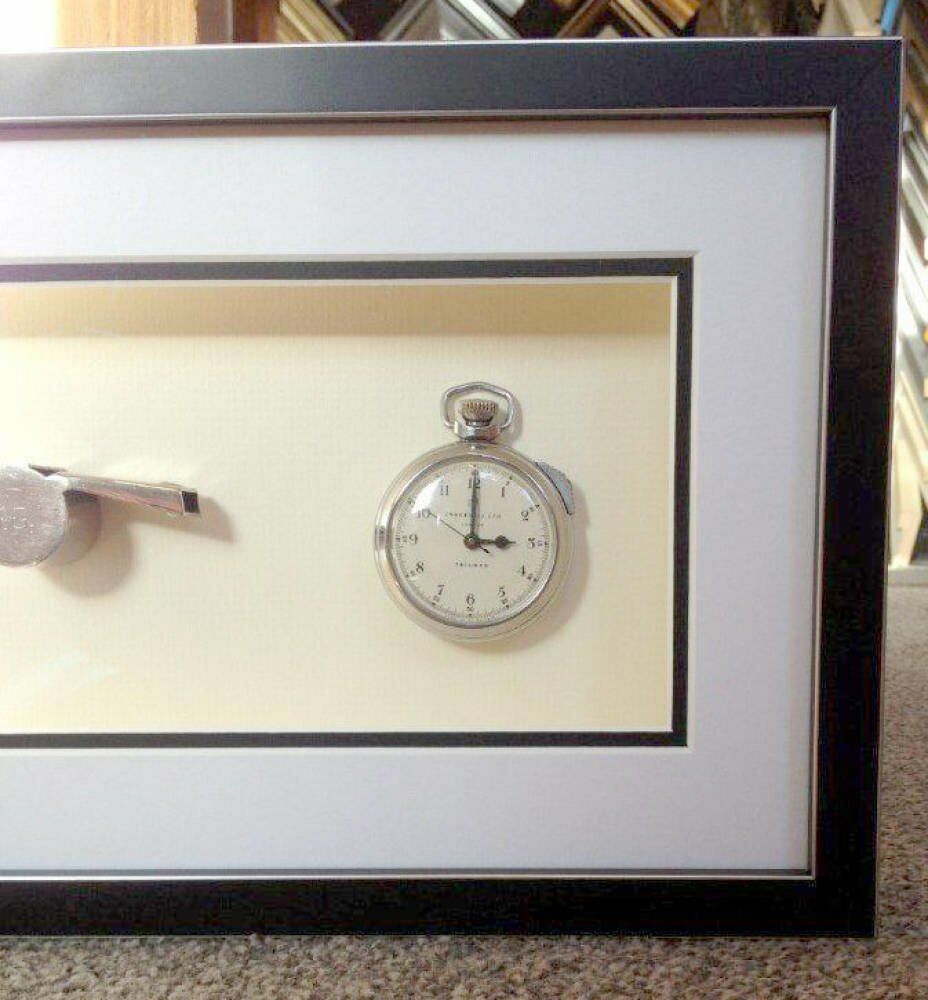 Double mount whistle framing - Old Referee Watch and Whistle