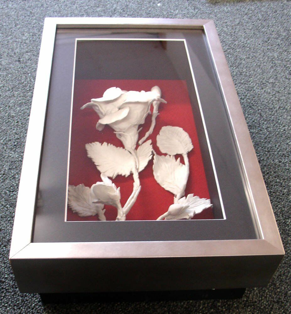 3D Ceramic Flower framed in deep box frame - framed ceramic 3d presentation ceramic framed