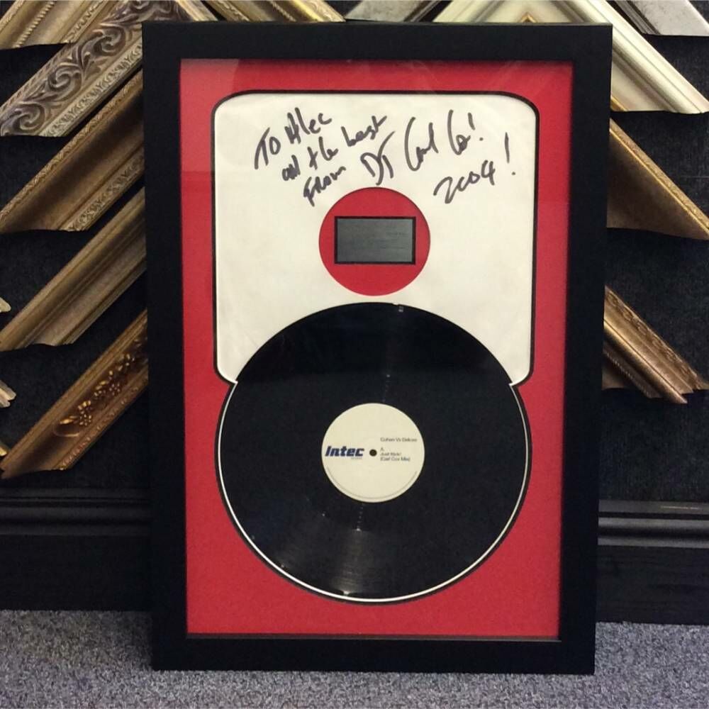DJ Carl Cox Vinyl with signed sleeve - custom double mounted and framed  with inset plaque