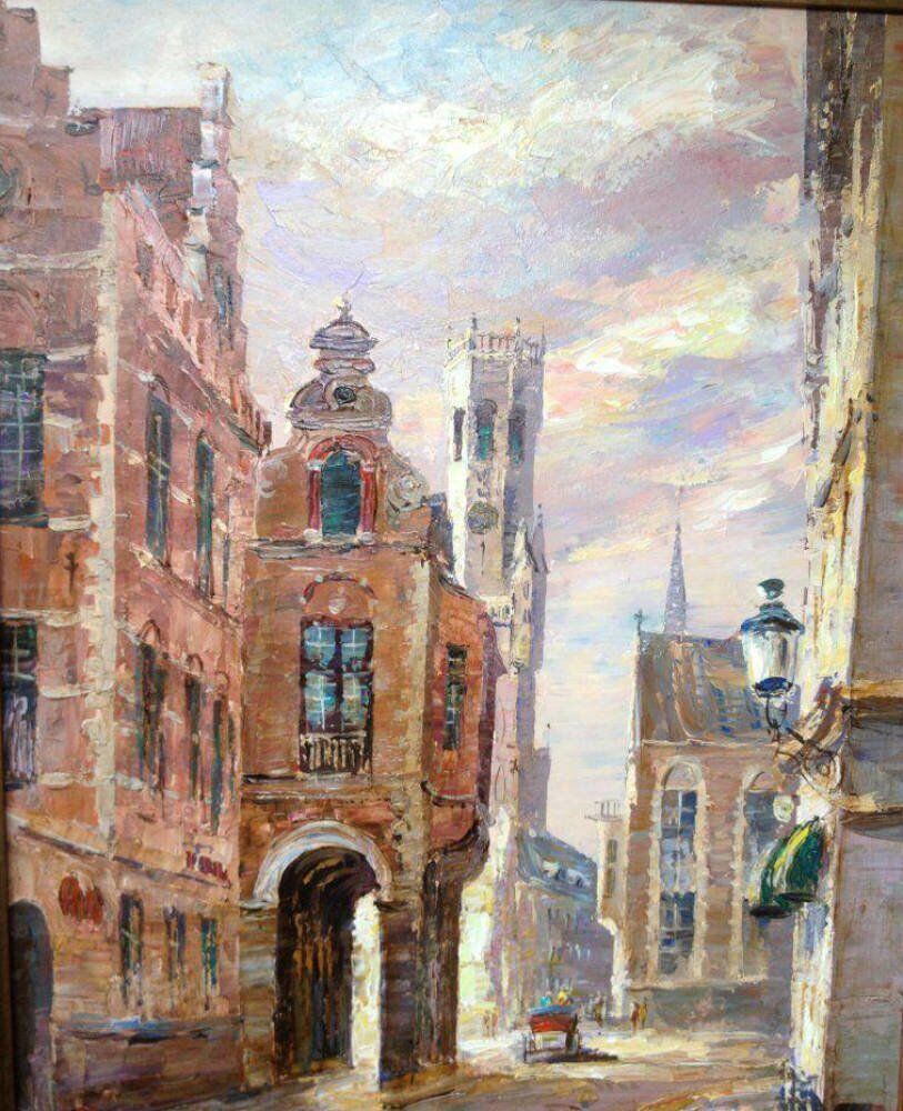 Larson juhl gold frame stunning contemporary bruges - Large contemporary oil painting of Bruges