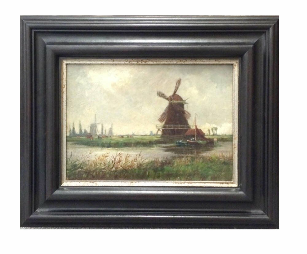 905006 windmill oil painting thick black frame - Small windmill painting framed