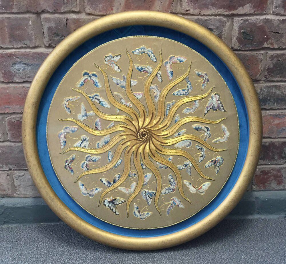 Large bespoke round frame - gilded embroidery in  dark antique gold