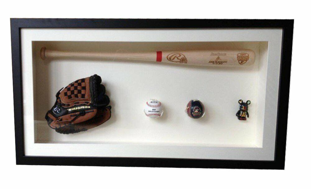 Float framing contemporary black frame souvenir framing hand stitching - Baseball Bat Balls and Glove Framing Project