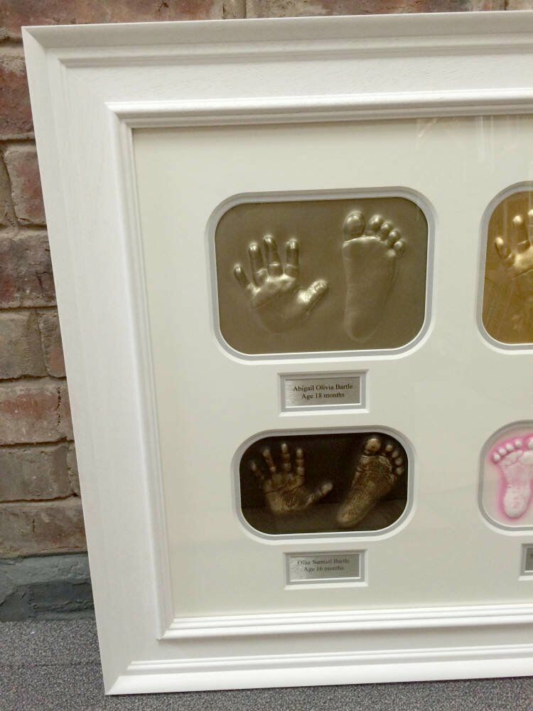 Multiple Aperture Picture Framing Examples - baby handprints framed multi aperture mounts bespoke mounts double mounts